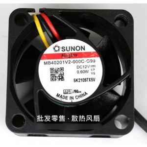 SUNON MB40201V2-000C-G99 12V 0.60W 3wires Cooling Fan